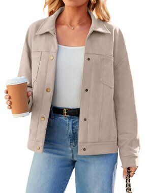 Women's Beige Faux Suede Slightly Oversized Button-down Drop Shoulder Shacket